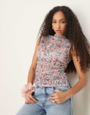 ASOS DESIGN printed lace gathered side grown on neck sheer tank in pink