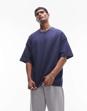 Topman premium tyngre avslappnad passform medellång ärm t-shirt 300gsm i marinblå