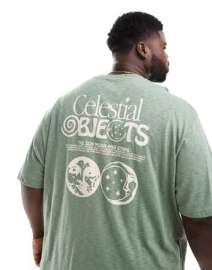 ASOS DESIGN avslappnad t-shirt i grön tyg med himmelskt tryck på ryggen