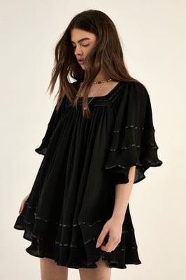 Crinkle Lace Trim Angel Sleeve Mini Dress