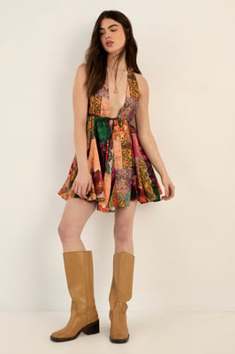 Cotton Voile Patchwork Halter Neck Tie Front Godet Mini Dress