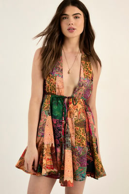 Cotton Voile Patchwork Halter Neck Tie Front Godet Mini Dress
