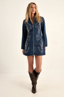 Western Studded Zip Front Denim Mini Dress