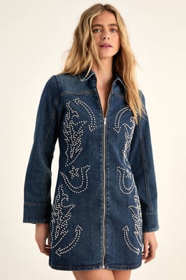 Western Studded Zip Front Denim Mini Dress