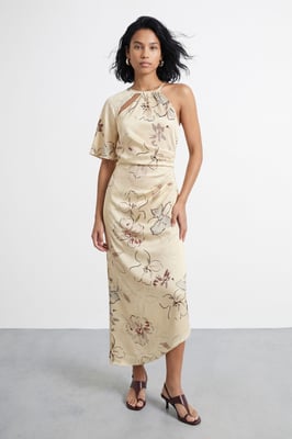 Floral Print Asymmetric One Sleeve Bias Maxi Dress With Keyhole