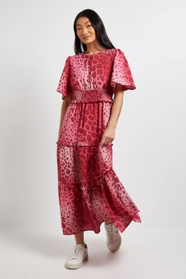 Petite Pink Animal Shirred Waist Angel Sleeve Tiered Maxi Dress