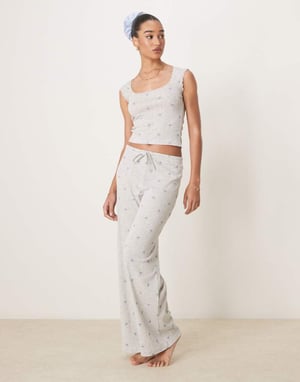 Gina Tricot mix and match pointelle embroidered edge cotton pyjama bottoms with blue bows in grey melange