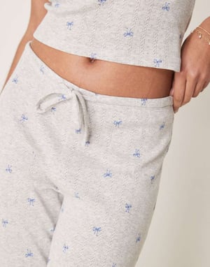 Gina Tricot mix and match pointelle embroidered edge cotton pyjama bottoms with blue bows in grey melange