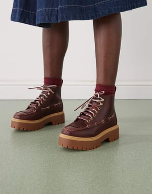 Timberland Stone Street lace up 7 eye elevated boots in burgundy