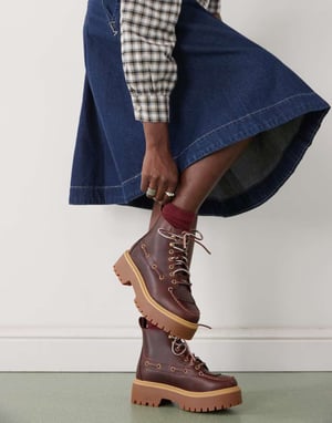 Timberland Stone Street lace up 7 eye elevated boots in burgundy
