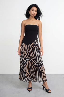 Bandeau Bodice Pleated Chiffon Midi Dress