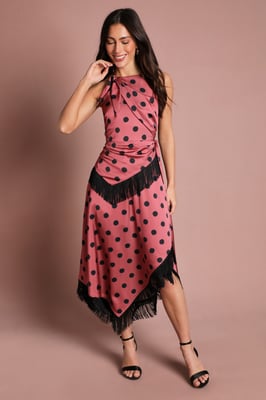 Halter Neck Polka Dot Fringe Satin Midi Dress
