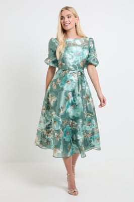 Petite Floral Organza Puff Sleeve Midi Dress