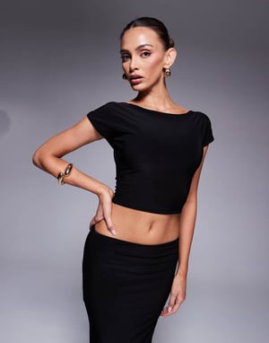 Kaiia exclusive double layered slinky boatneck low back crop top co-ord in black