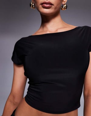 Kaiia exclusive double layered slinky boatneck low back crop top co-ord in black