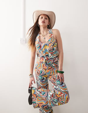 Wrangler co-ord denim crop top in all over bright 70s print