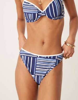 Abercrombie & Fitch mid rise contrast trim bikini bottom co-ord in blue stripe print