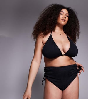 ASOS DESIGN Curve Tayla high apex triangle bikini top with gold bead trim in black