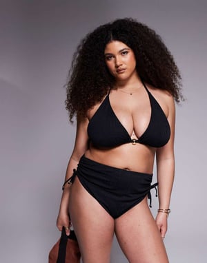 ASOS DESIGN Curve Tayla high apex triangle bikini top with gold bead trim in black
