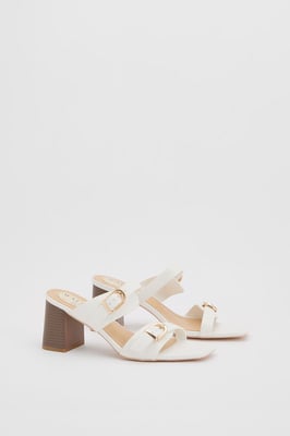 Axel Faux Leather Buckle Detail Block Heel Mules