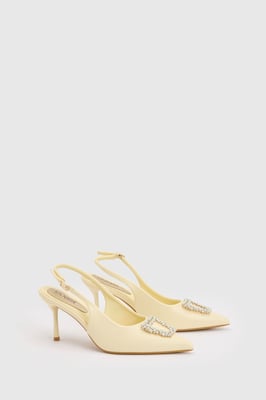 Diana Yellow Faux Leather Square Coloured Trim Medium Stiletto Heel Slingback Court Shoes