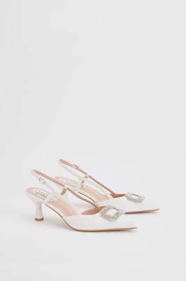 Layla Faux Leather Woven Embellished Square Trim Point Kitten Heel Court Shoes