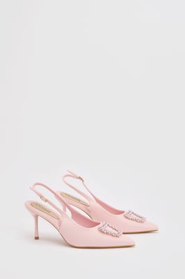 Diana Pink Faux Leather Square Coloured Trim Medium Stiletto Heel Slingback Court Shoes