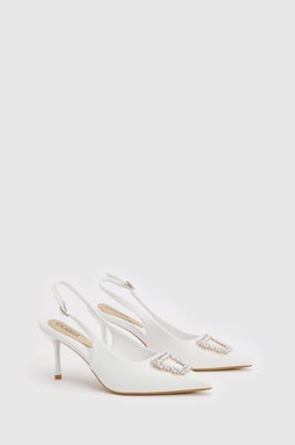 Diana White Faux Leather Square Coloured Trim Medium Stiletto Heel Slingback Court Shoes