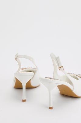 Diana White Faux Leather Square Coloured Trim Medium Stiletto Heel Slingback Court Shoes