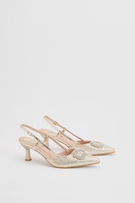 Layla Faux Leather Woven Embellished Square Trim Point Kitten Heel Court Shoes