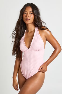 Gingham Frill Edge Halterneck Swimsuit
