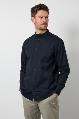 Navy Grandad Long Sleeve Linen Blend Shirt