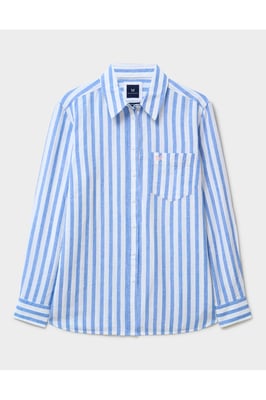 Relaxed Fit Linen Blend Shirt Blue White Stripe