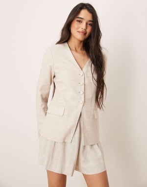 Abercrombie & Fitch collarless nipped linen blazer in oatmeal