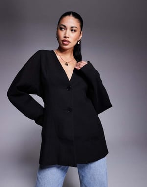 ASOS DESIGN tailored linen look textured nipped waist blazer in black