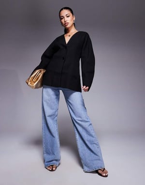 ASOS DESIGN tailored linen look textured nipped waist blazer in black