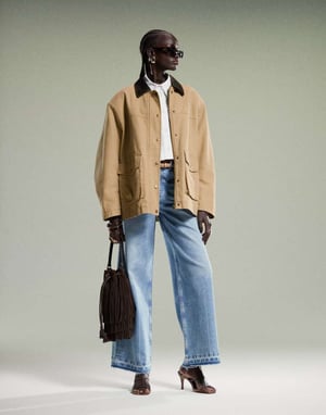 ASOS DESIGN oversized washed jacket with leather look collar in stone
