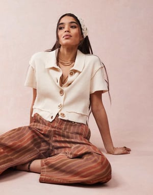 ASOS DESIGN button down cropped waffle shirt in cream