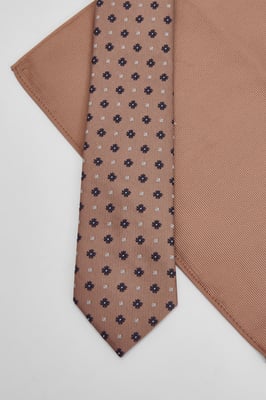 Light Brown Foulard Tie and Plain Pocket Square
