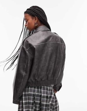 Topshop faux leather cropped button thru patch pocket bomber in washed black