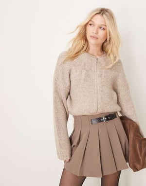 Gina Tricot knitted zip through bomber jacket in beige melange