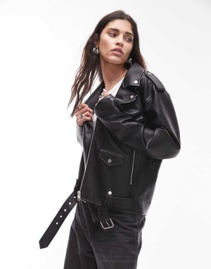 Topshop faux leather bubble oversized biker in black