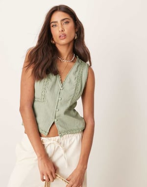 ASOS DESIGN lace trim waistcoat in sage