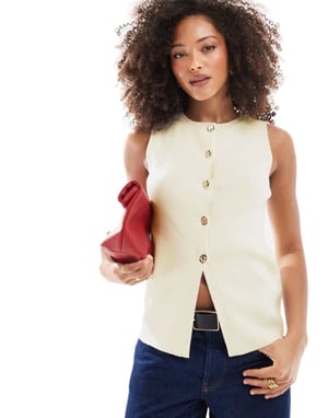 ASOS DESIGN knitted crew neck structured waistcoat with gold buttons in cream