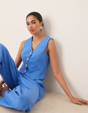 YAS linen touch waistcoat co-ord in provence blue