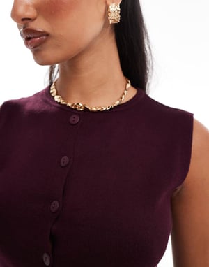 Kaiia exclusive cotton blend fine knit button through longline waistcoat co-ord in burgundy