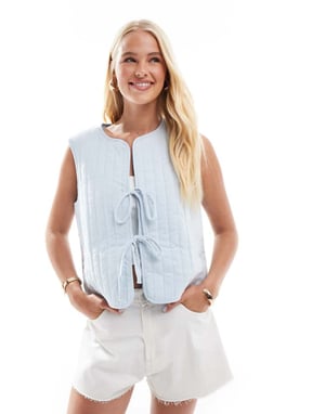 Pieces lightweight quilted tie front summer gilet in light blue