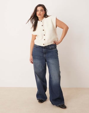 ASOS DESIGN Curve boxy knitted stitch waistcoat with button detail in cream