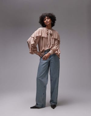 & Other Stories genomskinlig blus med volangdetalj och scarfhalsband i beige