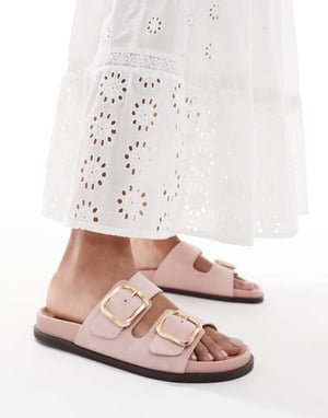 schuh Tylee double buckle sandals in pink suede